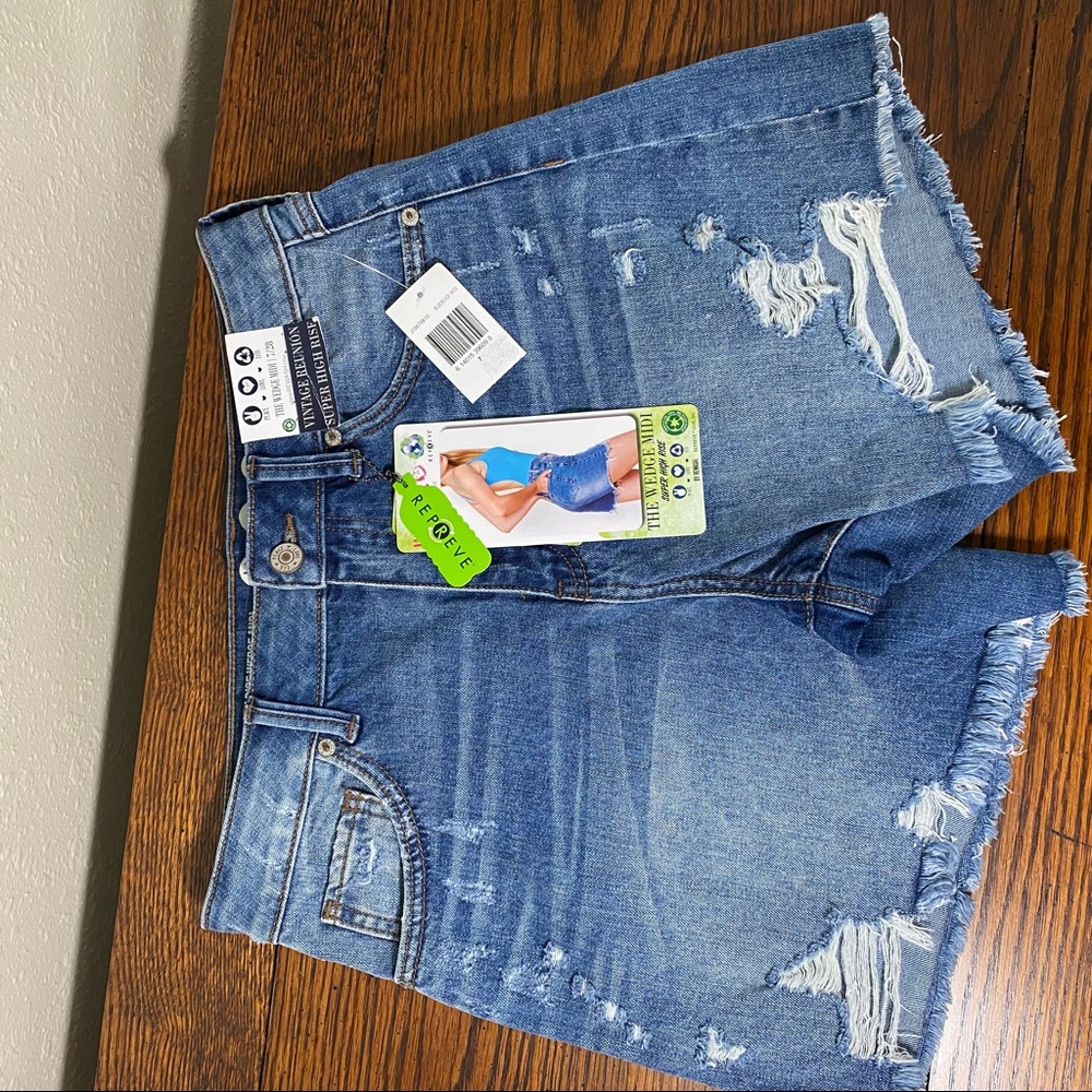 Super High Rise 7/28 Wedge Midi Vintage Reunion Denim Distressed Cutoff …